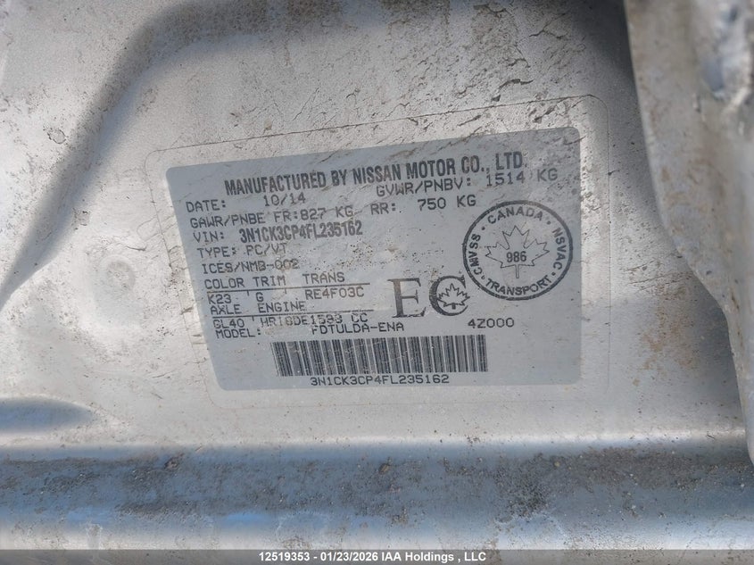 2015 Nissan Micra VIN: 3N1CK3CP4FL235162 Lot: 12519353