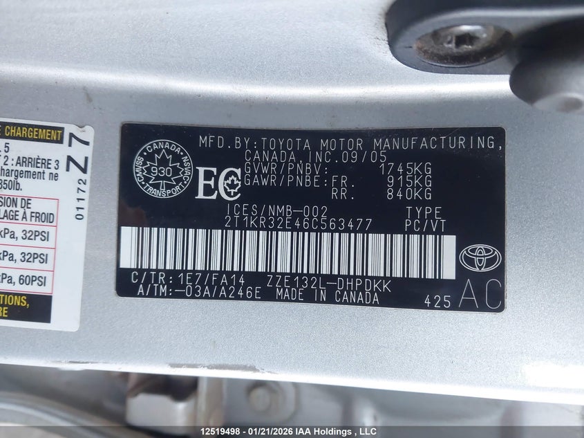 2006 Toyota Matrix Wagon VIN: 2T1KR32E46C563477 Lot: 12519498