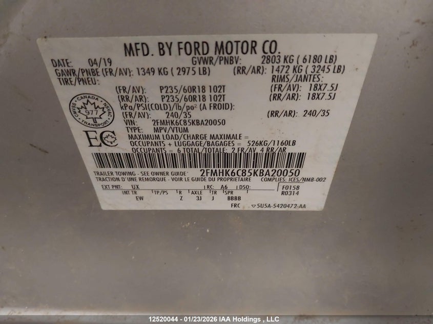 2019 FORD FLEX SPORT UTILITY VEHICLE 3.5L V-6 DOHC, VVT, 287HP