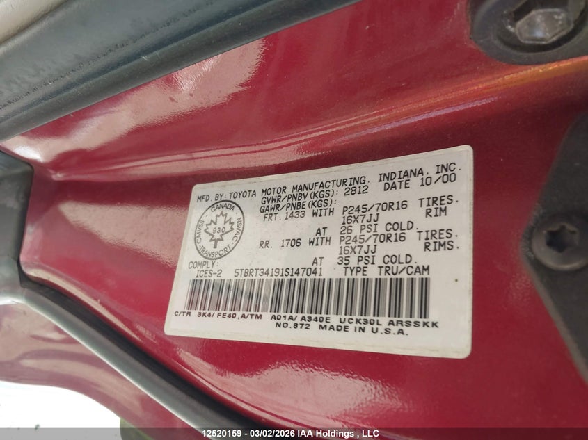 2001 Toyota Tundra Access Cab/Access Cab Sr5 VIN: 5TBRT34191S147041 Lot: 12520159
