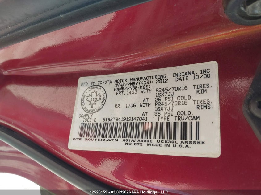 2001 Toyota Tundra Access Cab/Access Cab Sr5 VIN: 5TBRT34191S147041 Lot: 12520159