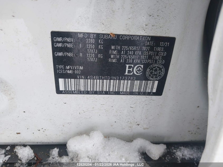 2022 Subaru Outback Wilderness VIN: 4S4BTHTD1N3173783 Lot: 12520204
