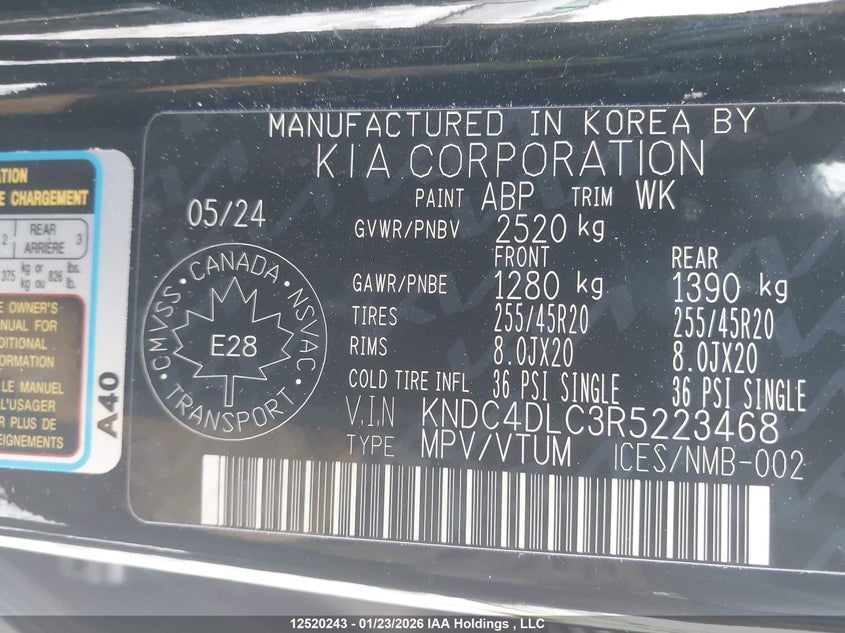 2024 Kia Ev6 Land W/Gt-Line Pkg 1/Land W/Gt-Line Pkg 2 VIN: KNDC4DLC3R5223468 Lot: 12520243