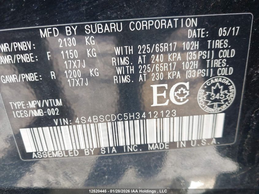 2017 Subaru Outback 2.5I Premium VIN: 4S4BSCDC5H3412123 Lot: 12520445