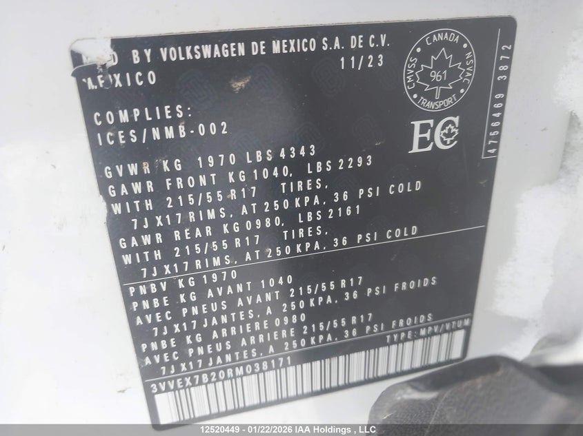 2024 Volkswagen Taos Se VIN: 3VVEX7B20RM038171 Lot: 12520449