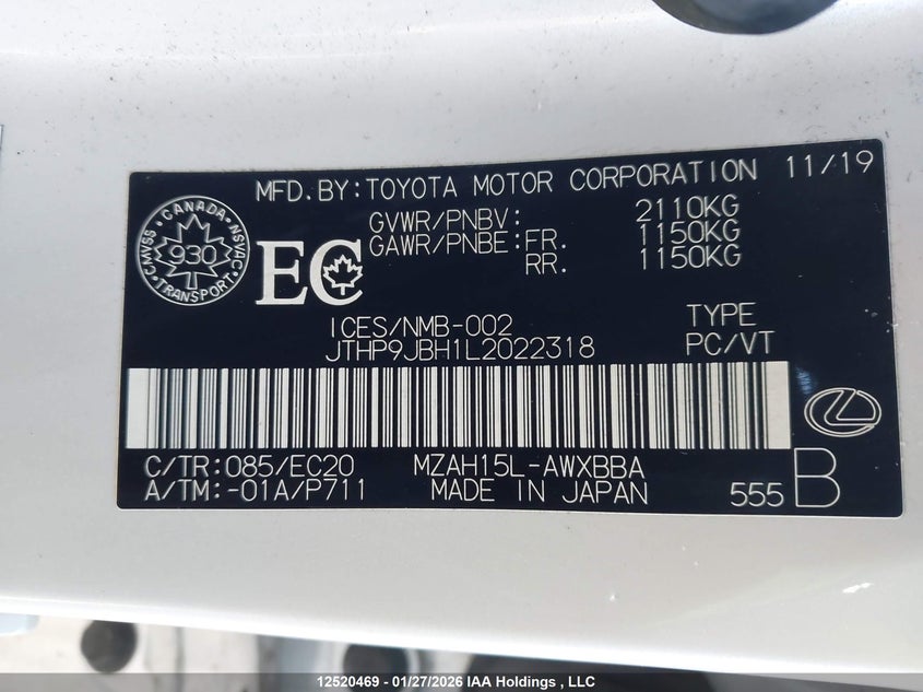 2020 Lexus Ux 250H VIN: JTHP9JBH1L2022318 Lot: 12520469