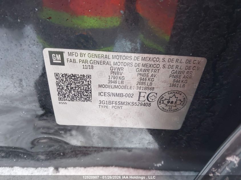 2019 Chevrolet Cruze VIN: 3G1BF6SM3KS529408 Lot: 12520987