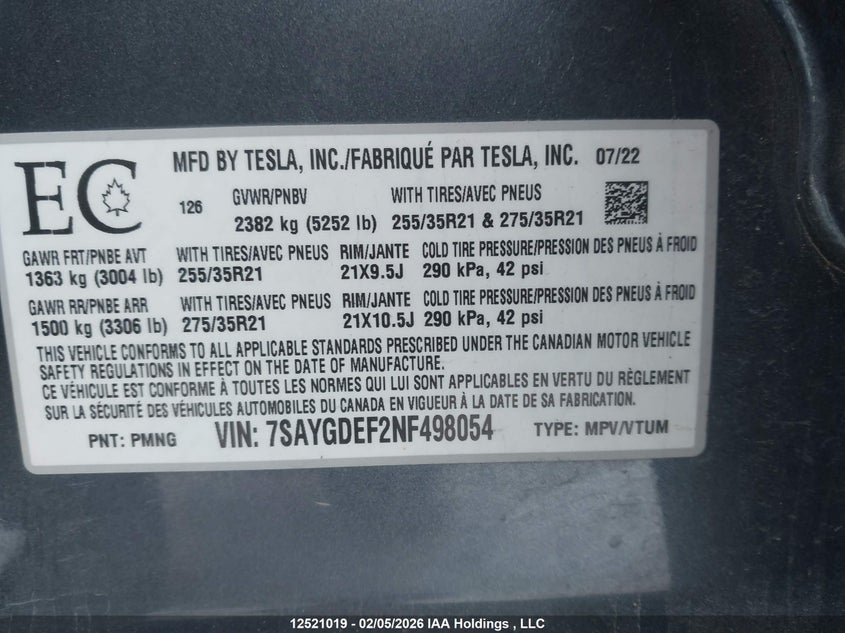 2022 Tesla Model Y Performance VIN: 7SAYGDEF2NF498054 Lot: 12521019
