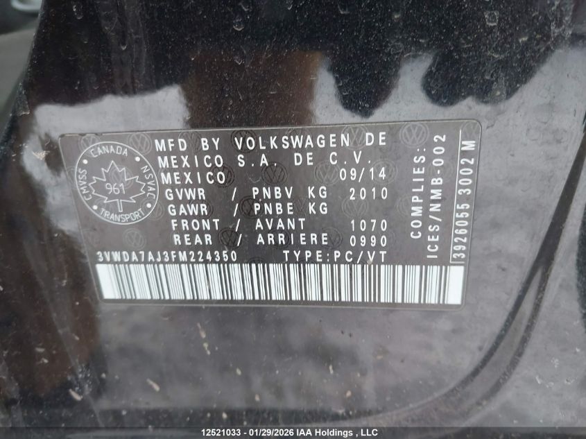 2015 Volkswagen Jetta VIN: 3VWDA7AJ3FM224350 Lot: 12521033