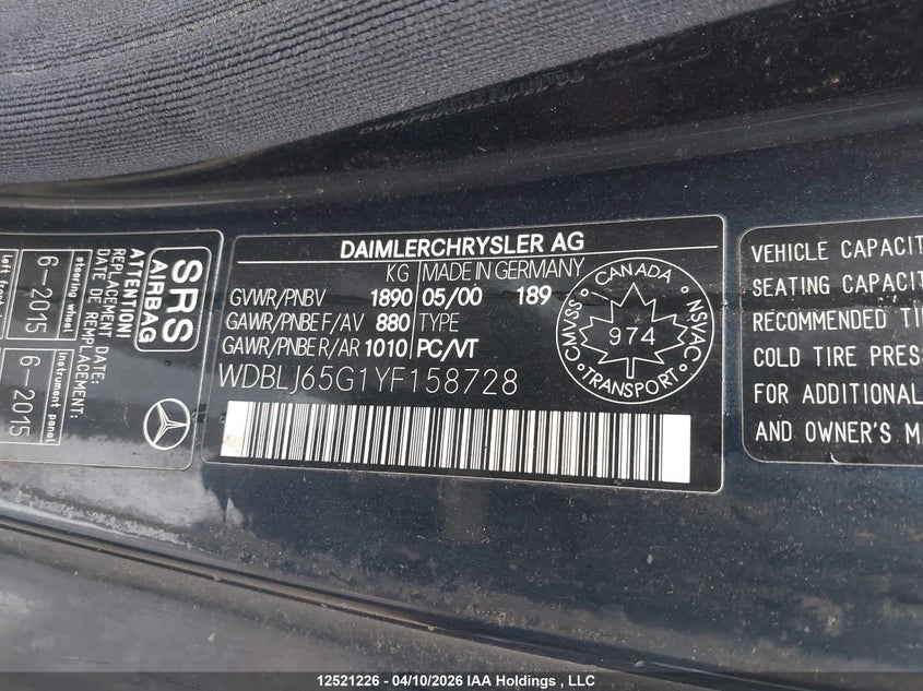 2000 Mercedes-Benz Clk 320 VIN: WDBLJ65G1YF158728 Lot: 12521226