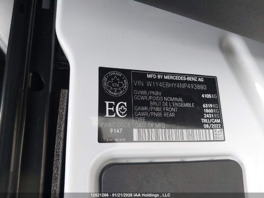 2022 Mercedes-Benz Sprinter 2500 VIN: W1Y4EBHY4NP493880 Lot: 12521266