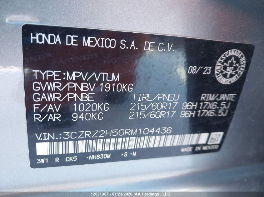 2024 Honda Hr-V Sport VIN: 3CZRZ2H50RM104436 Lot: 12521357