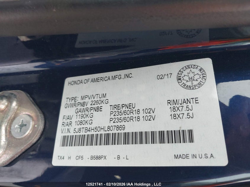 2017 Acura Rdx Tech VIN: 5J8TB4H50HL807869 Lot: 12521741