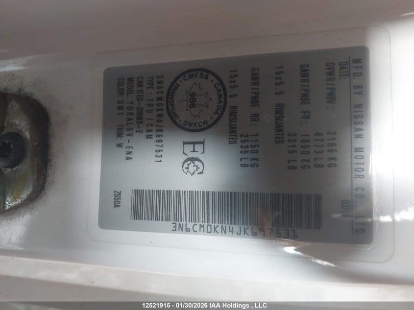 2018 Nissan Nv200 2.5S/2.5Sv VIN: 3N6CM0KN4JK697531 Lot: 12521915