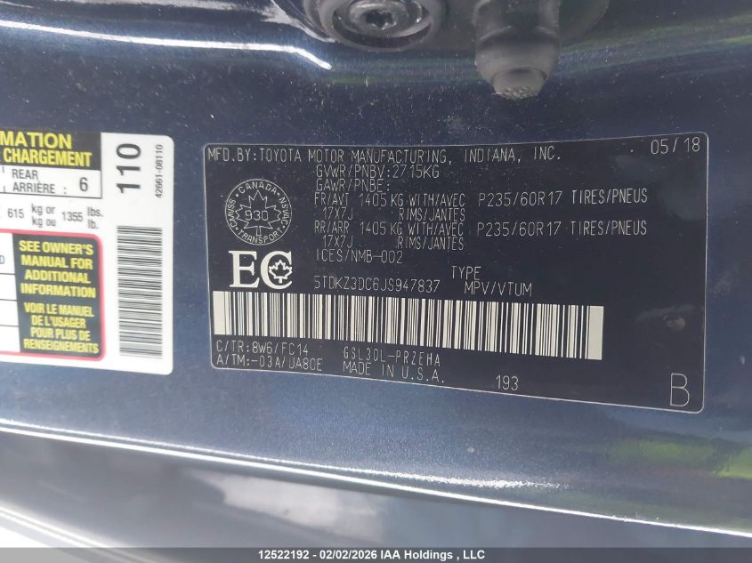 2018 Toyota Sienna Le 8-Passenger VIN: 5TDKZ3DC6JS947837 Lot: 12522192