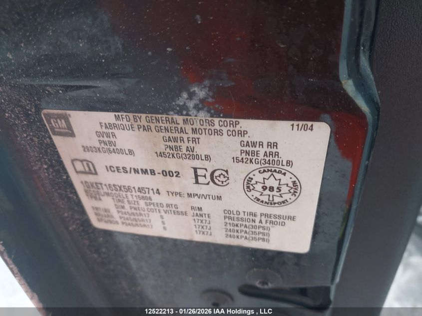 2005 GMC Envoy Xl Sle/Slt VIN: 1GKET16SX56145714 Lot: 12522213