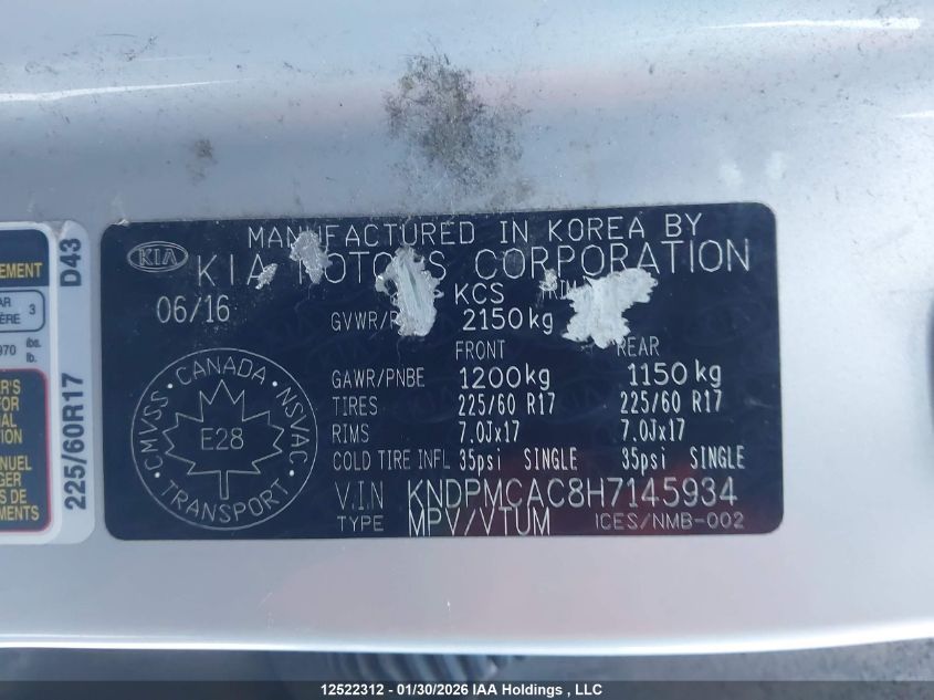 2017 Kia Sportage Lx VIN: KNDPMCAC8H7145934 Lot: 12522312
