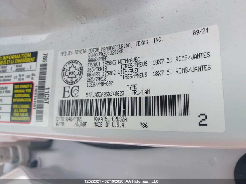 2025 Toyota Tundra Double Cab Sr/Double Cab Sr5 VIN: 5TFLA5DA0SX240623 Lot: 12522321