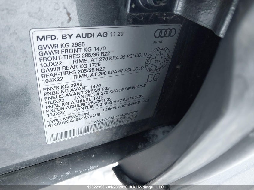 2021 Audi Q7 55 Technik VIN: WA1WXAF70MD020676 Lot: 12522358