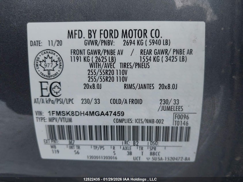 2021 Ford Explorer VIN: 1FMSK8DH4MGA47459 Lot: 12522435