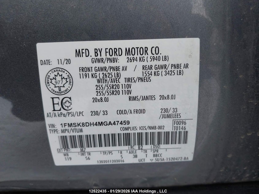 2021 Ford Explorer VIN: 1FMSK8DH4MGA47459 Lot: 12522435