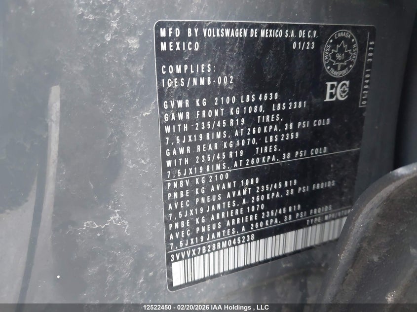 2024 Volkswagen Taos Se VIN: 3VVVX7B28RM045238 Lot: 12522450