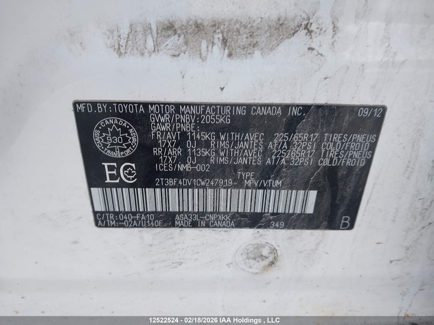 2012 Toyota Rav4 VIN: 2T3BF4DV1CW247919 Lot: 12522524