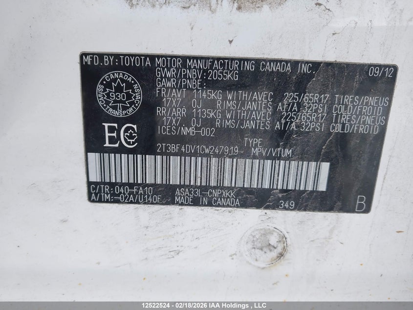 2012 Toyota Rav4 VIN: 2T3BF4DV1CW247919 Lot: 12522524