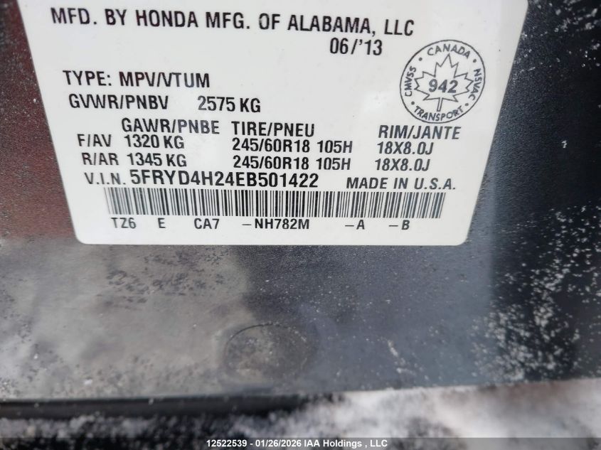 2014 Acura Mdx VIN: 5FRYD4H24EB501422 Lot: 12522539