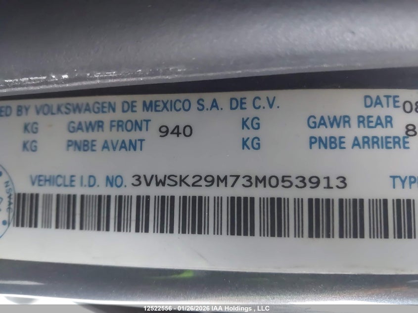 2003 Volkswagen Jetta Gls 2.0L VIN: 3VWSK29M73M053913 Lot: 12522556