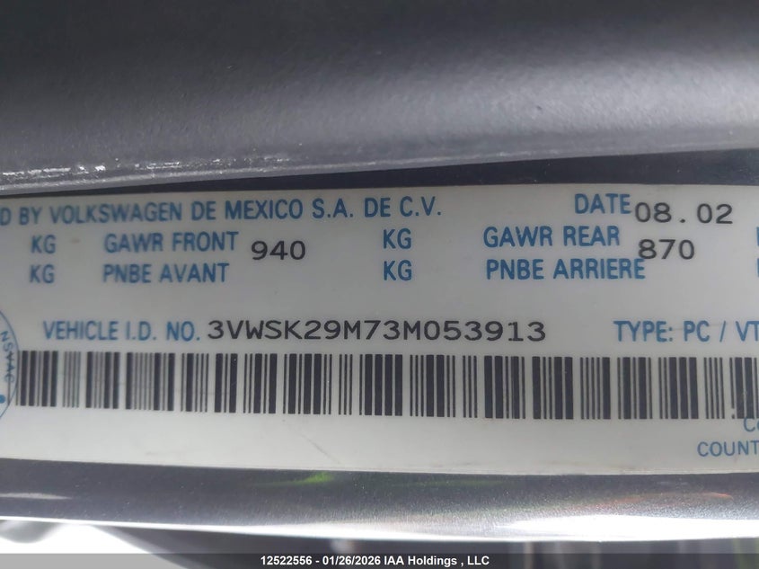 2003 Volkswagen Jetta Gls 2.0L VIN: 3VWSK29M73M053913 Lot: 12522556