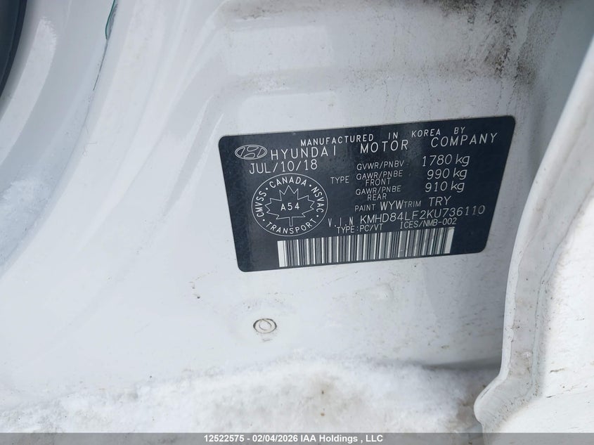 2019 Hyundai Elantra Preferred VIN: KMHD84LF2KU736110 Lot: 12522575