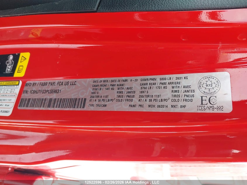 2023 Jeep Gladiator Overland VIN: 1C6HJTFG3PL559631 Lot: 12522596