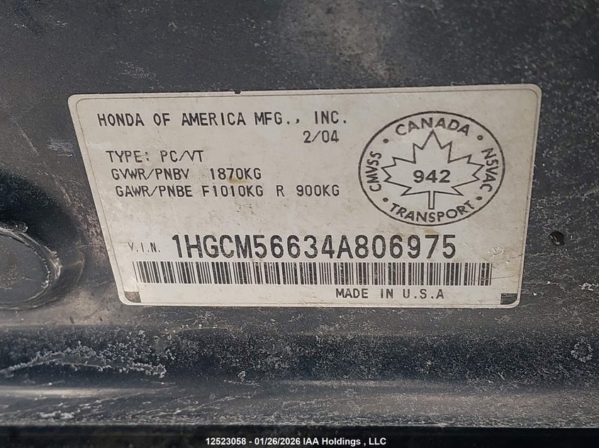 2004 Honda Accord Ex VIN: 1HGCM56634A806975 Lot: 12523058