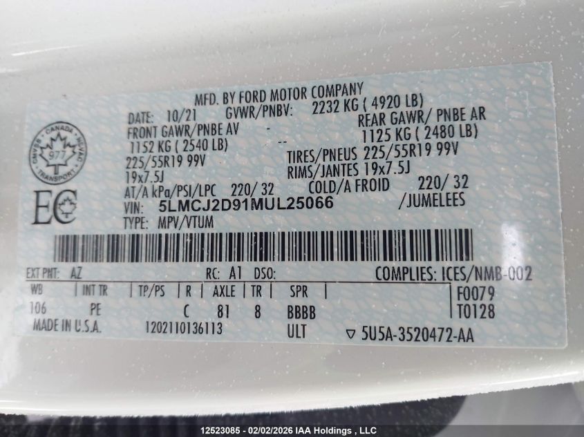 2021 Lincoln Corsair Reserve VIN: 5LMCJ2D91MUL25066 Lot: 12523085