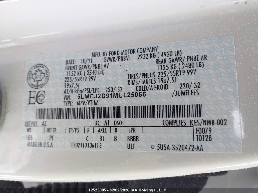 2021 Lincoln Corsair Reserve VIN: 5LMCJ2D91MUL25066 Lot: 12523085