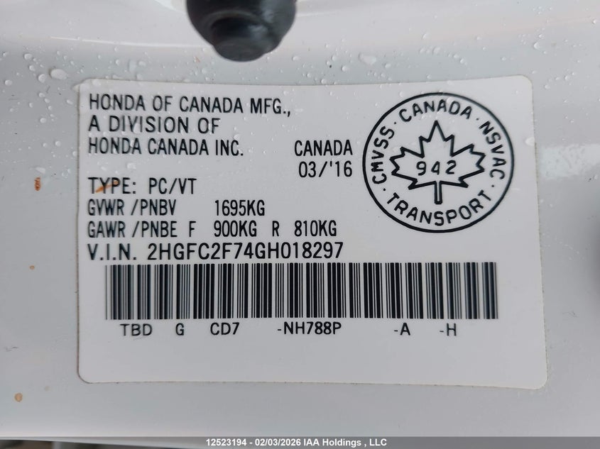 2016 HONDA CIVIC SEDAN 2.0L I-4 DOHC, VVT, 158HP