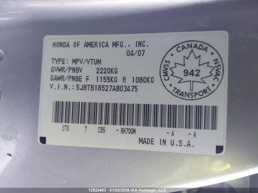2007 Acura Rdx Technology VIN: 5J8TB18527A803475 Lot: 12523403