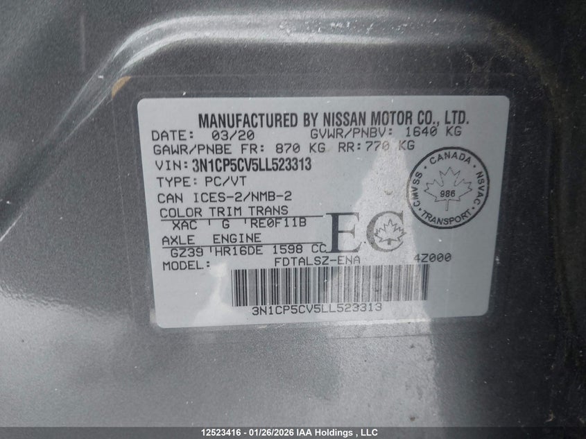 2020 Nissan Kicks Sv VIN: 3N1CP5CV5LL523313 Lot: 12523416