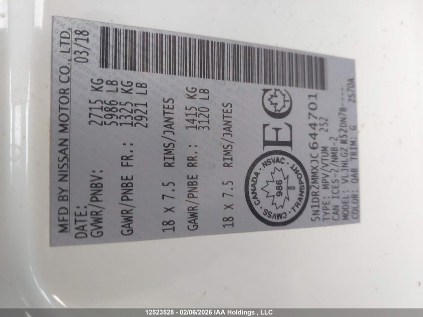 2018 Nissan Pathfinder Midnight Edition/Platinum/S/Sl Premium/Sv Tech VIN: 5N1DR2MMXJC644701 Lot: 12523528