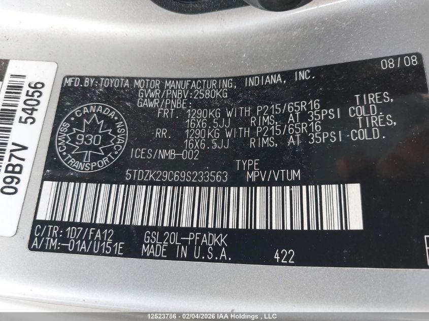 2009 Toyota Sienna VIN: 5TDZK29C69S233563 Lot: 12523786