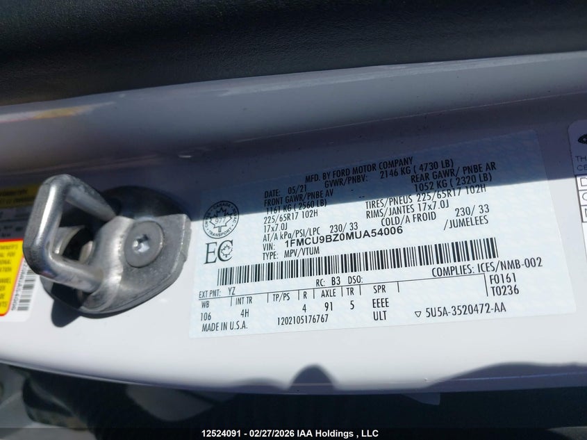 2021 Ford Escape Se VIN: 1FMCU9BZ0MUA54006 Lot: 12524091