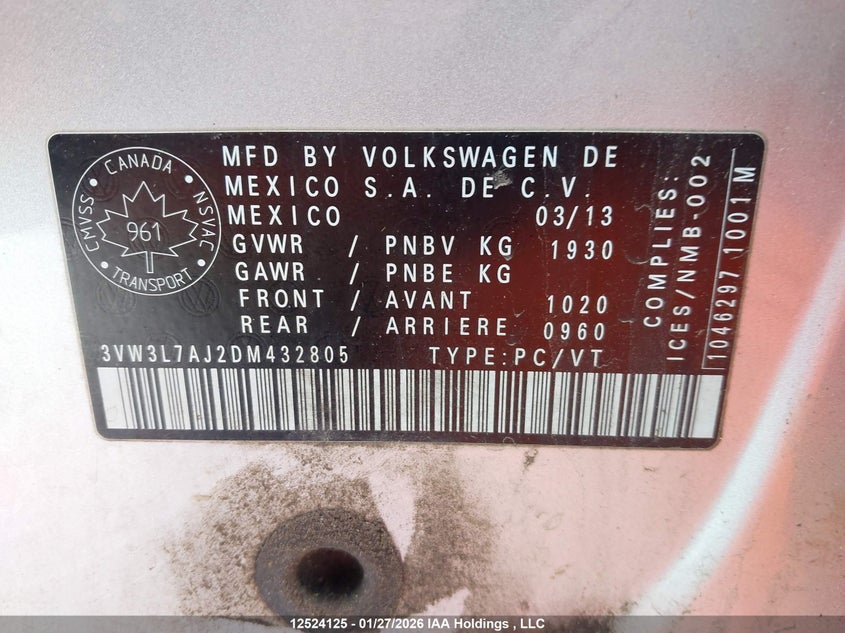 2013 Volkswagen Jetta Tdi VIN: 3VW3L7AJ2DM432805 Lot: 12524125