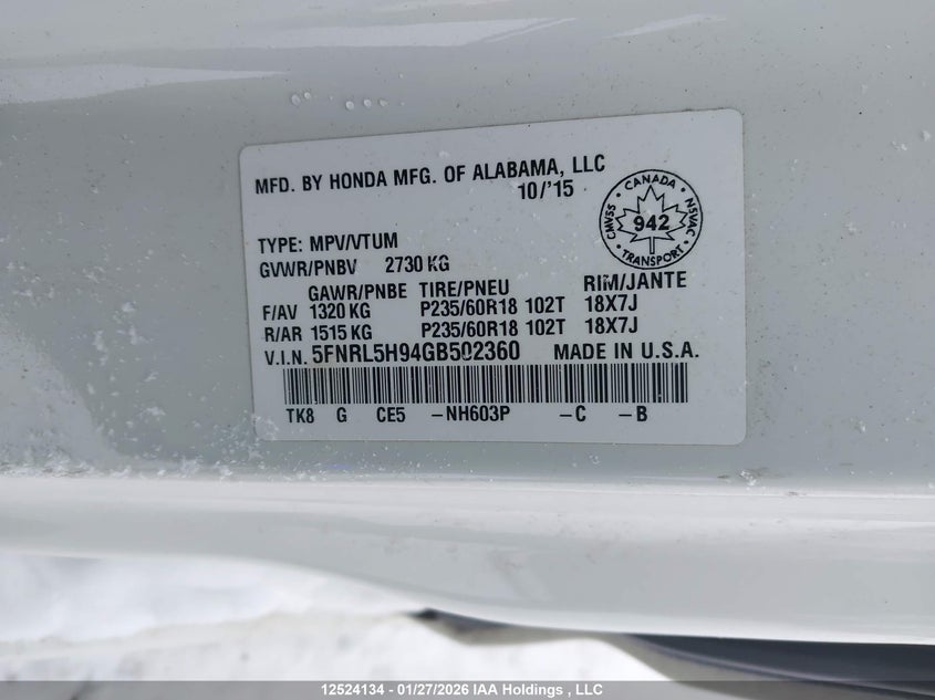 2016 Honda Odyssey Touring/Touring Elite VIN: 5FNRL5H94GB502360 Lot: 12524134