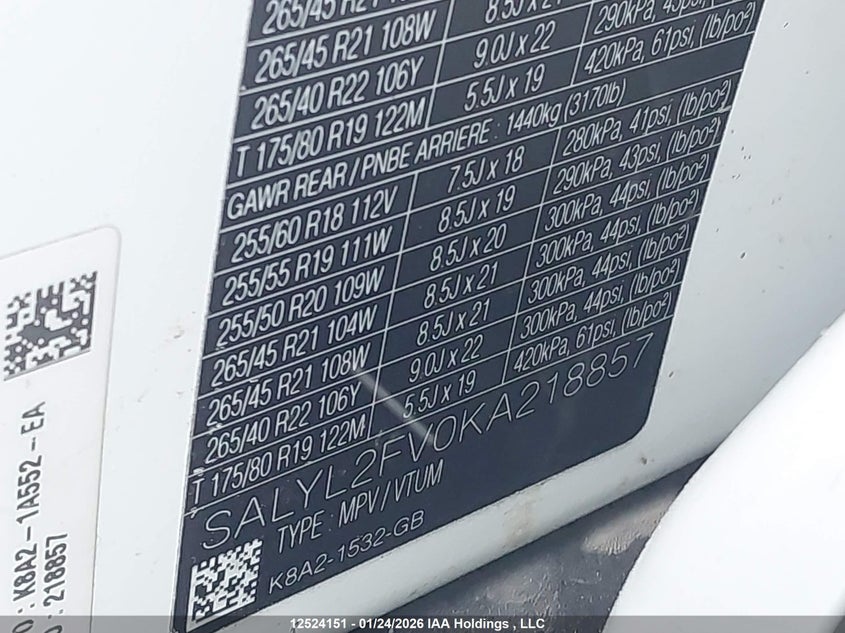 2019 Land Rover Range Rover VIN: SALYL2FV0KA218857 Lot: 12524151