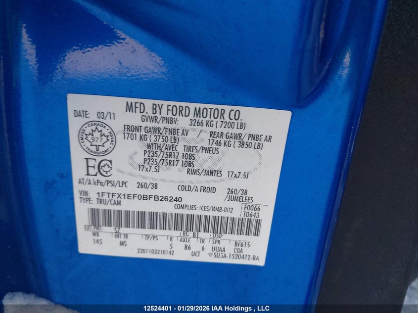 2011 Ford F150 Super Cab VIN: 1FTFX1EF0BFB26240 Lot: 12524401