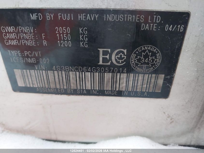 2016 Subaru Legacy 2.5I Premium VIN: 4S3BNCD64G3057014 Lot: 12524451