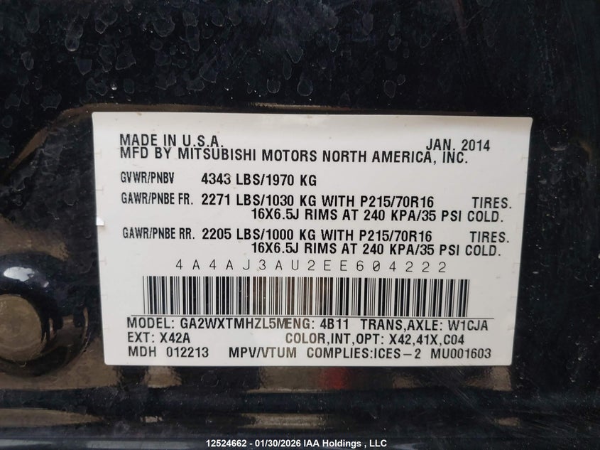 2014 Mitsubishi Rvr Se VIN: 4A4AJ3AU2EE604222 Lot: 12524662