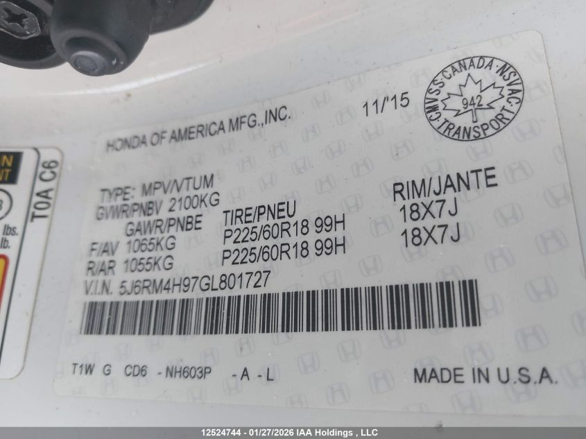 2016 Honda Cr-V Touring VIN: 5J6RM4H97GL801727 Lot: 12524744