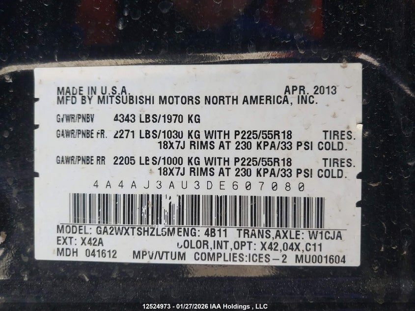 2013 Mitsubishi Rvr Se VIN: 4A4AJ3AU3DE607080 Lot: 12524973